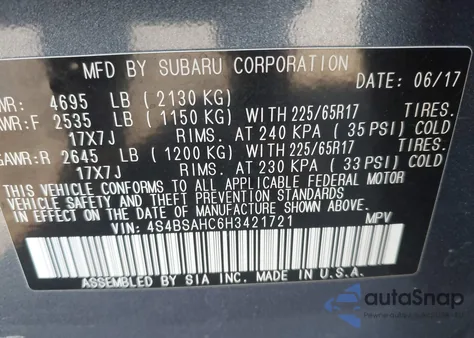 2017 Subaru Outback 2.5I Premium z USA, uszkodzony, nr VIN 4S4BSAHC6H3421721